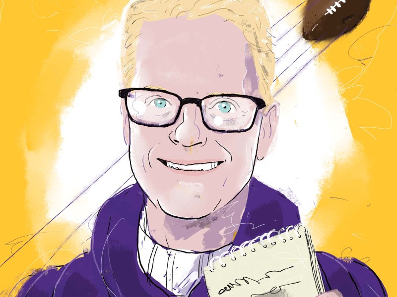 illustration: a man with glasses, holding a notepad, a football flies behind him