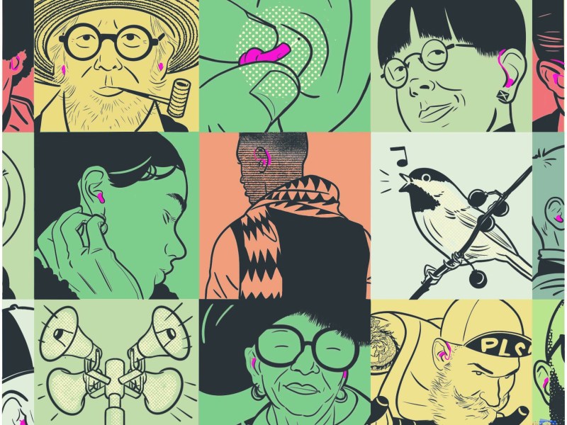 Artist illustration showing a variety of people with hearing aids, along with loud speakers and a bird chirping.