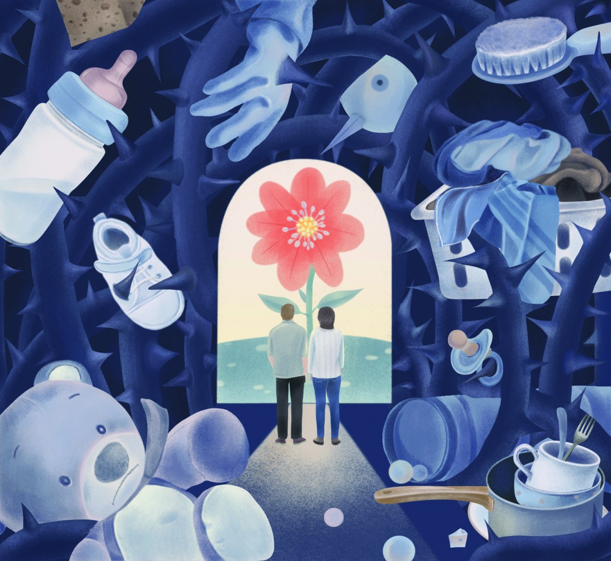 An illustration of a couple facing a doorway to a flower. Around them float large baby paphernalia like bottles and teddy bears