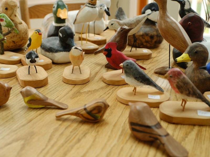 a collection of wooden birds, some plain wooden, some brightly painted