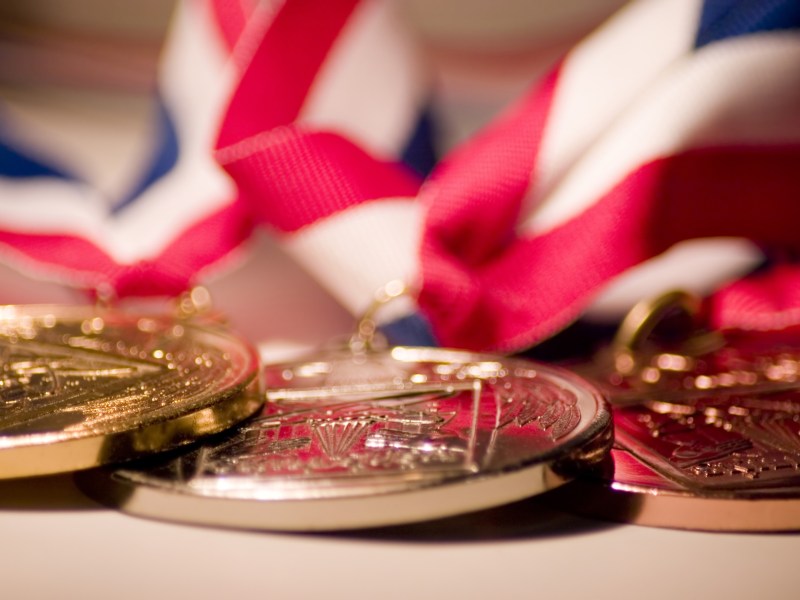 Gold, silver, and bronze medals.