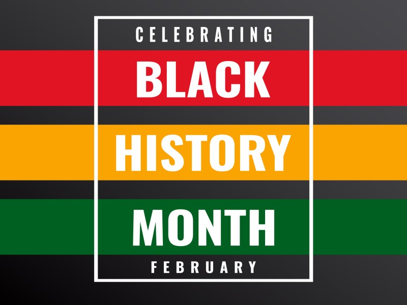 "Celebrating Black History Month February" with red, yellow, green colors