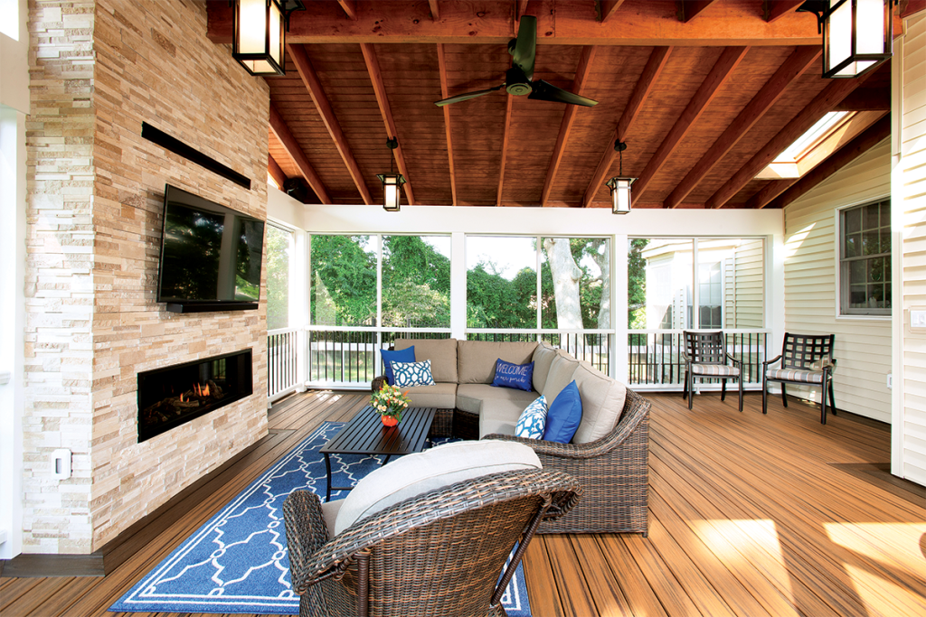 Fireplace on a screened porch