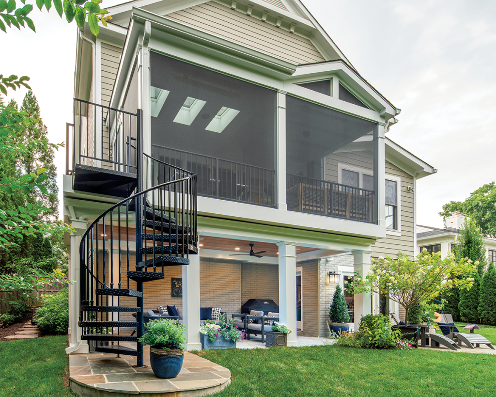 A spiral staircase takes up less space than its predecessor and links the screened porch to an open living area at the Chevy Chase home of Lauren Aronson and Rob Hendin.