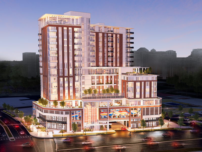 Rendering of a 17-story story senior living facility with a red and metal facade.