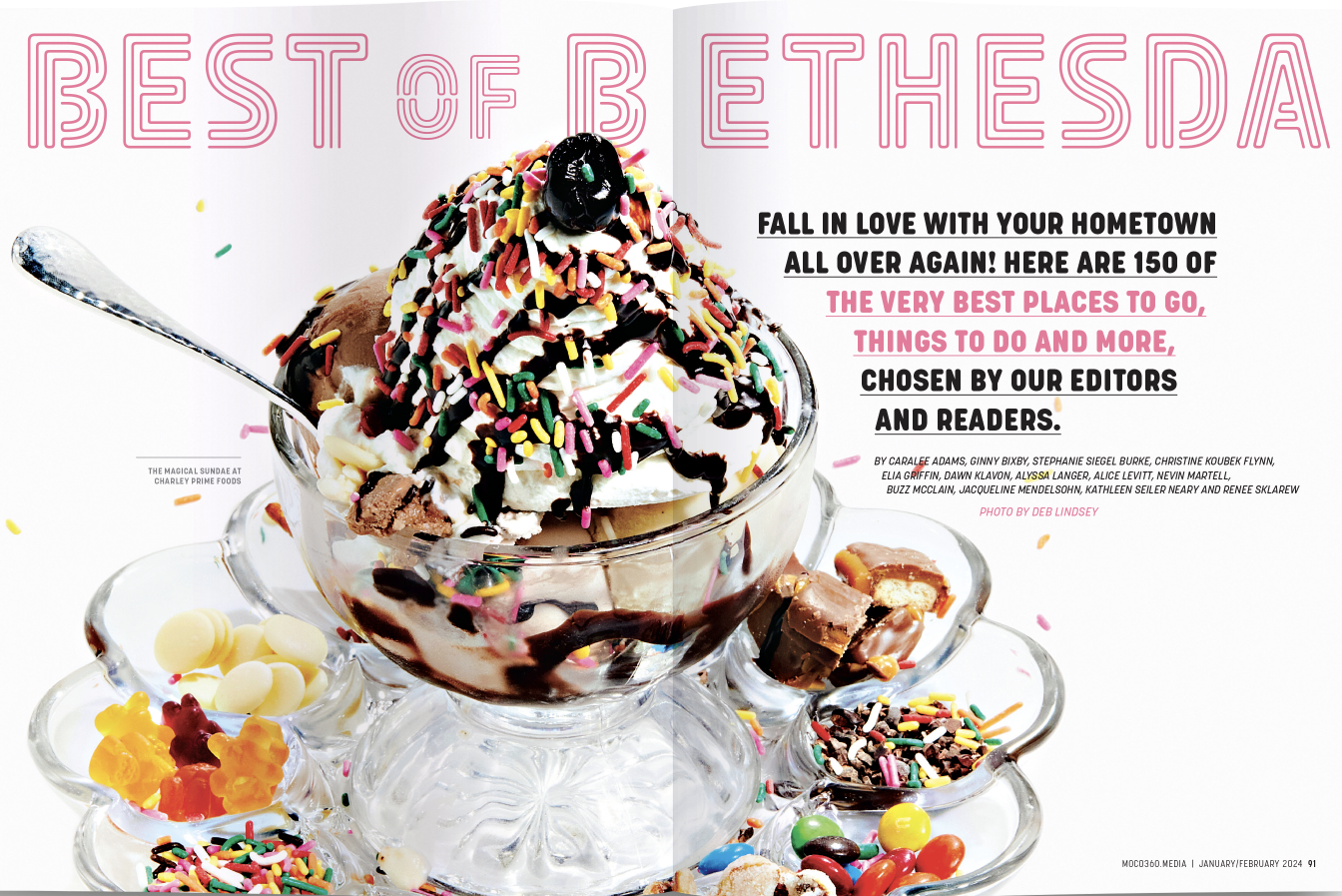 Best of Bethesda magazine spread with photo of large ice cream sundae surrounded by toppings.